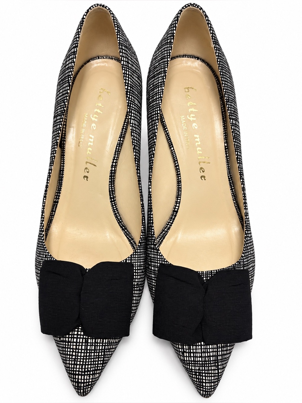 Bettye Muller Made in Italy Black & White Bow Pointed Toe Kitten Heel Pumps Sz 7